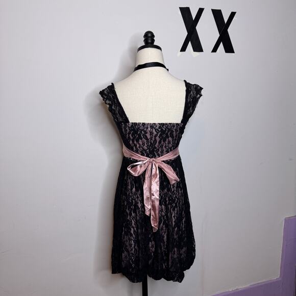 Vintage Y2K Black Pink Mesh Lace Overlay Babydoll Mini Dress Prom Goth Fairy M - Picture 5 of 8